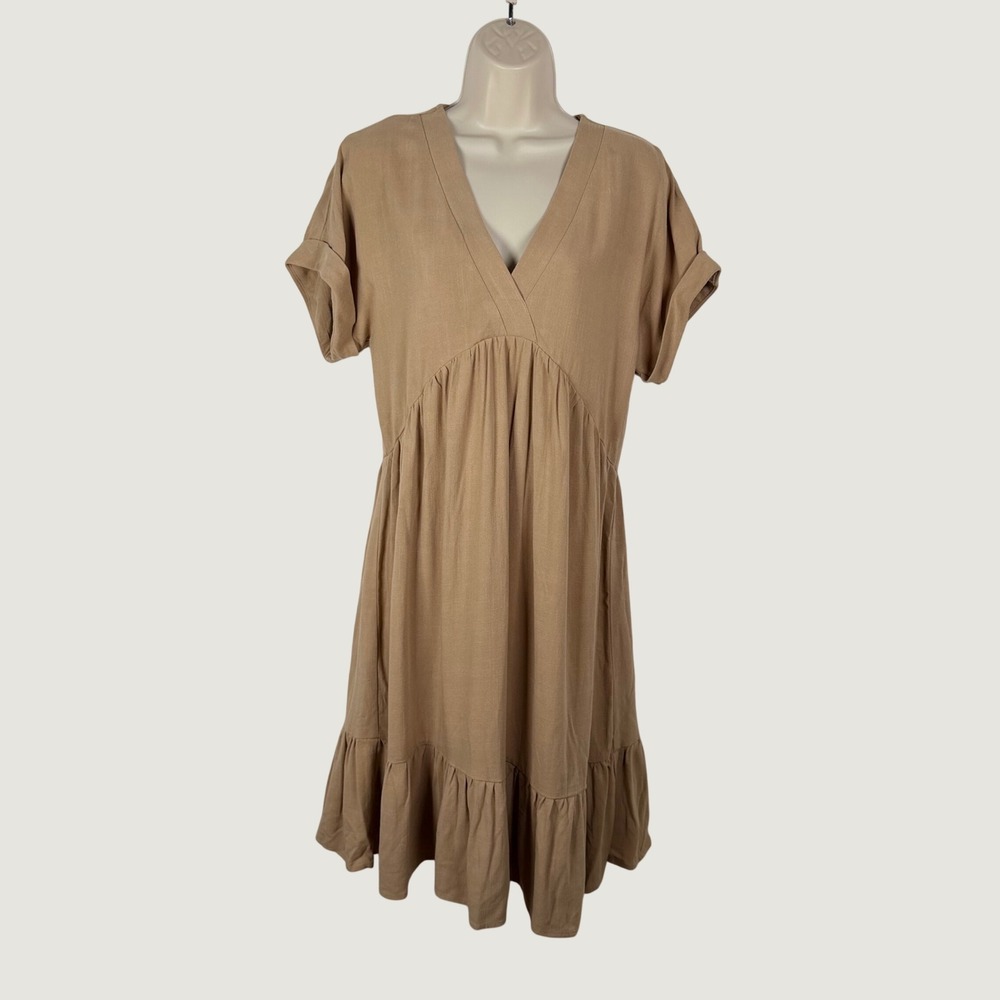 Compli K Dress Small Tan Linen Rayon V-Neck Ruffle Hem Babydoll Boho Minimalist